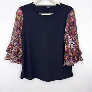 Cynthia Steffe Womens Blouse Top Size M Ruffle Paisley Mixed Media Black